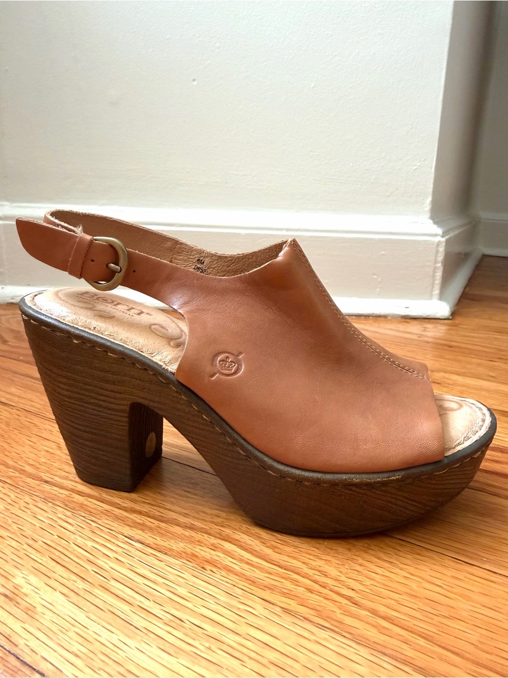 Børn Ferlin Cognac Leather Slingback Platform Wedge Sandals Size 6